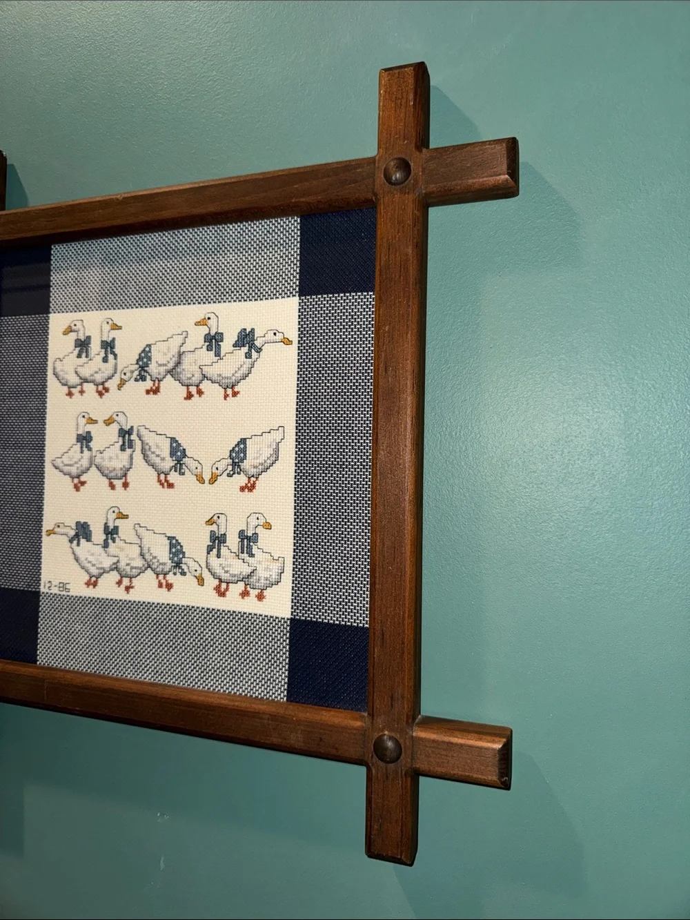 Vintage Framed Cross-Stitch Geese Wall Art - Blue & White w/wooden frame-goose